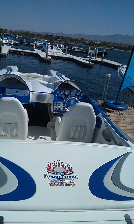 Chris's boat at the dock, 1000 Islands Poker Run